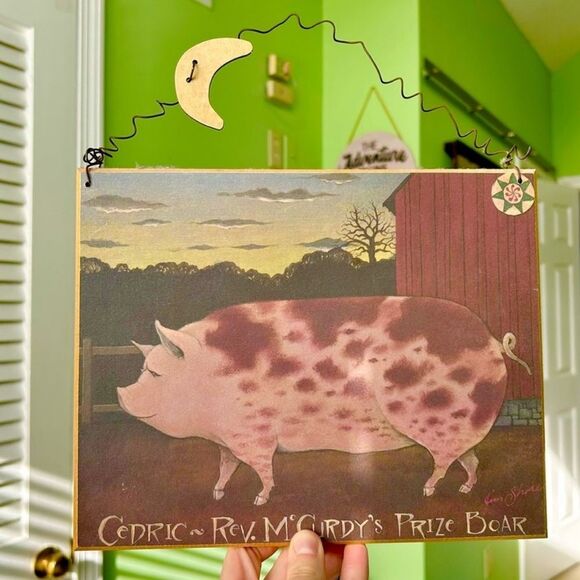 Vintage Crescent Half Moon Prize Boar Pig Farmhouse Home Wall Decor Art Sign - Picture 1 of 5
